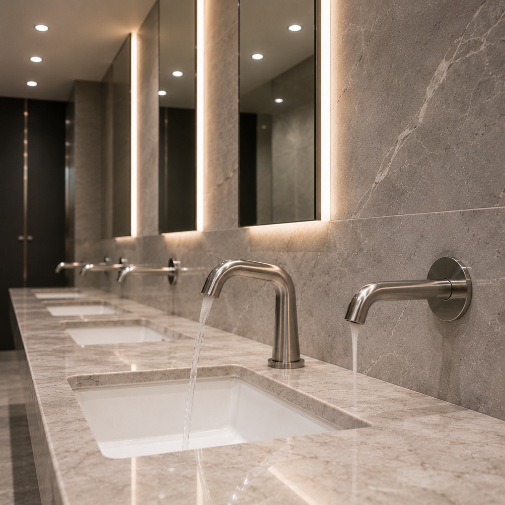 Public toilet soap dispensers for commercial restrooms